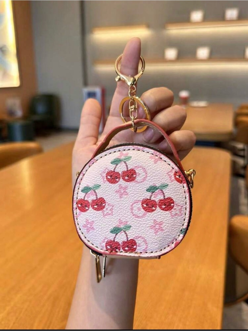 Cherry Print Pink Round Keychain/Crossbody Bag - Women's Accessory